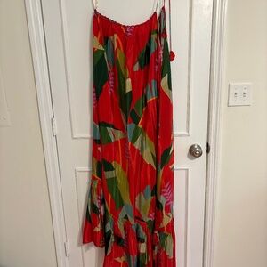 Farm Rio Dress Red Heliconia One-shoulder Satin Palm Print Maxi